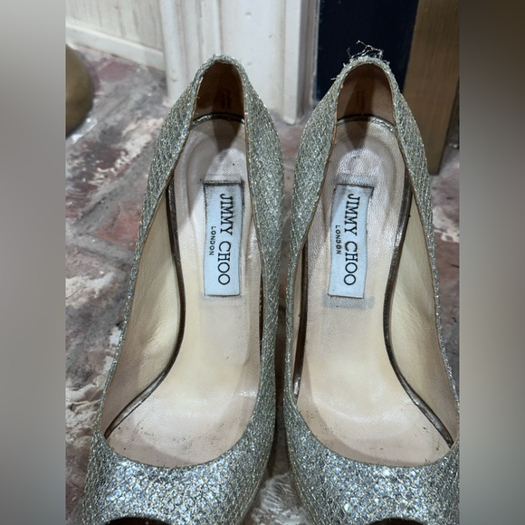 Jimmy Choo Glitter Platform Heels Size 38 EU /8 US Gold Silver Sparkle Stilettos - Picture 11 of 16